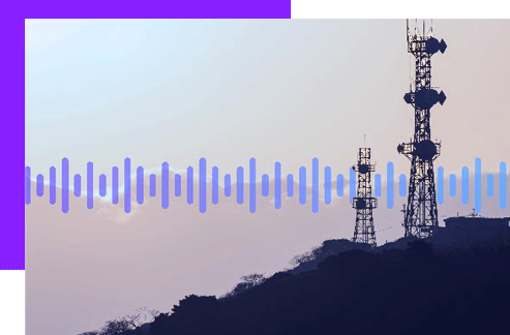 VBC Mobile Connect - details grid Photo of cell towers and communications towers in the evening silhouetted against the sky. In the background, a series of vertical purple lines runs across the frame.